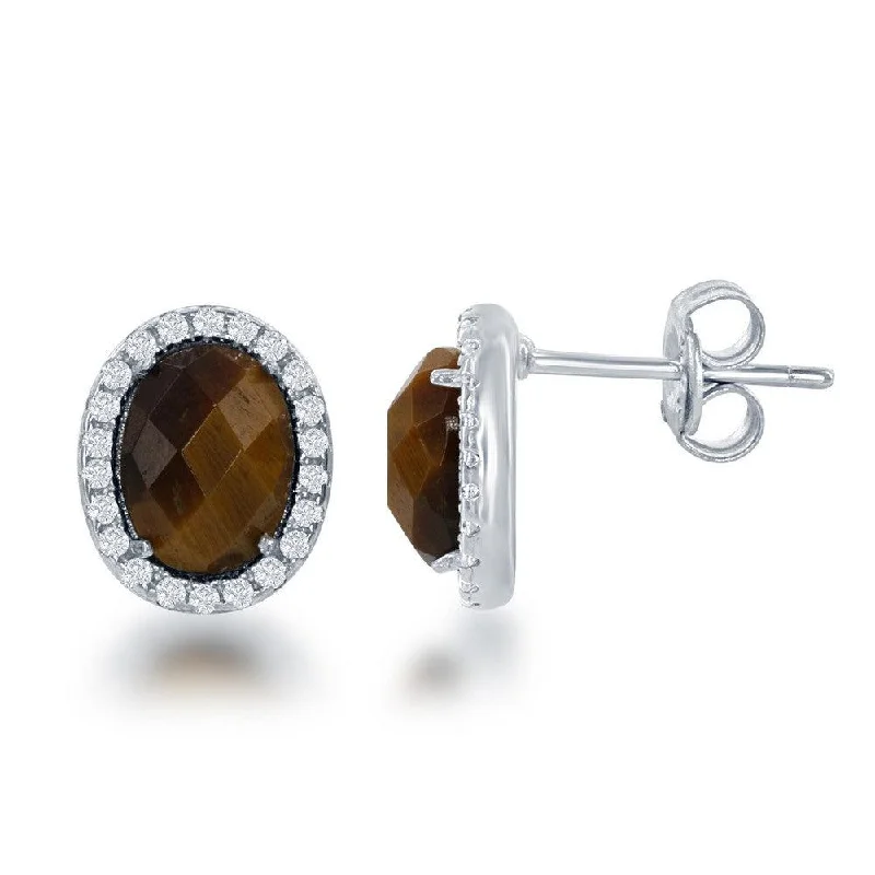 women’s pearl hoop earrings-Sterling Silver Oval Brown Tiger Eye Stud Earrings