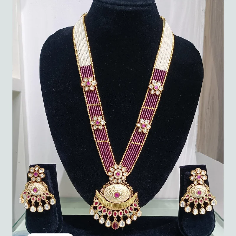 women’s fashion gold pendant necklace-JCM Gold Plated Kundan Stone And Pearls Long Necklace Set