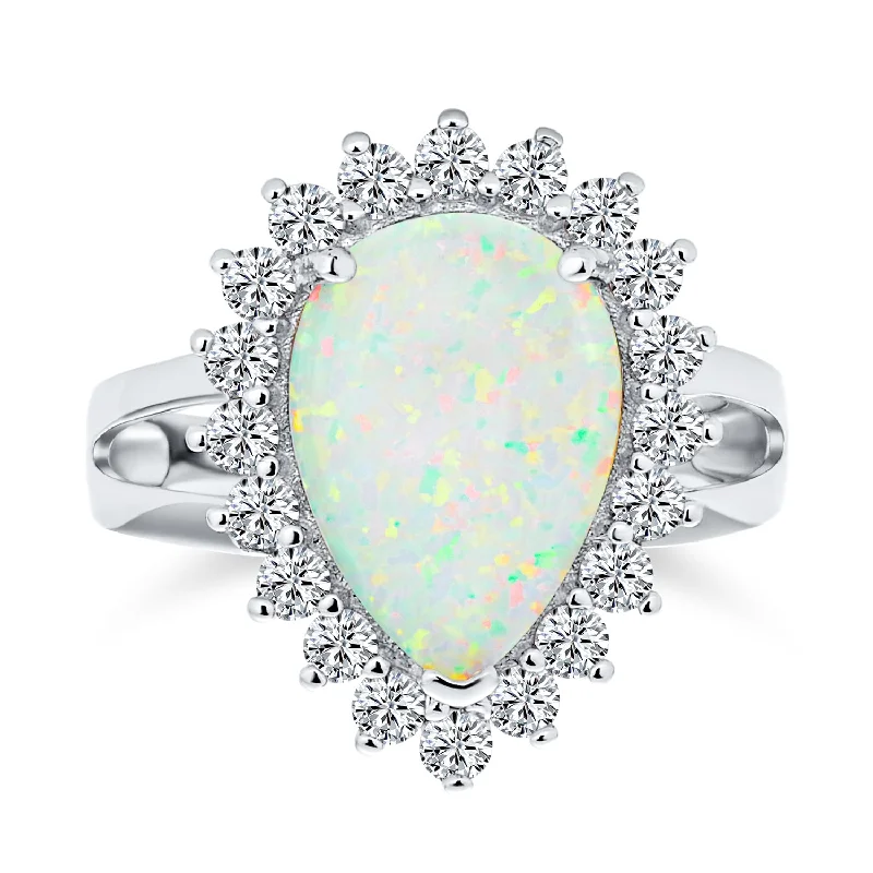 women’s multi-stone ring-Silver Ring with Halo Oval Pear Shape 10CT White Opal Sterling Silver October Birthstone