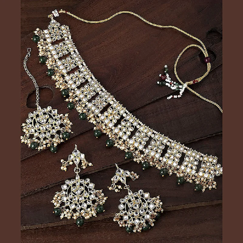 women’s infinity chain necklace-Etnico Gold Plated Traditional Kundan & Pearl Studded Choker Jewellery Necklace Set with Earrings & Maang Tikka For Women (K7069G)