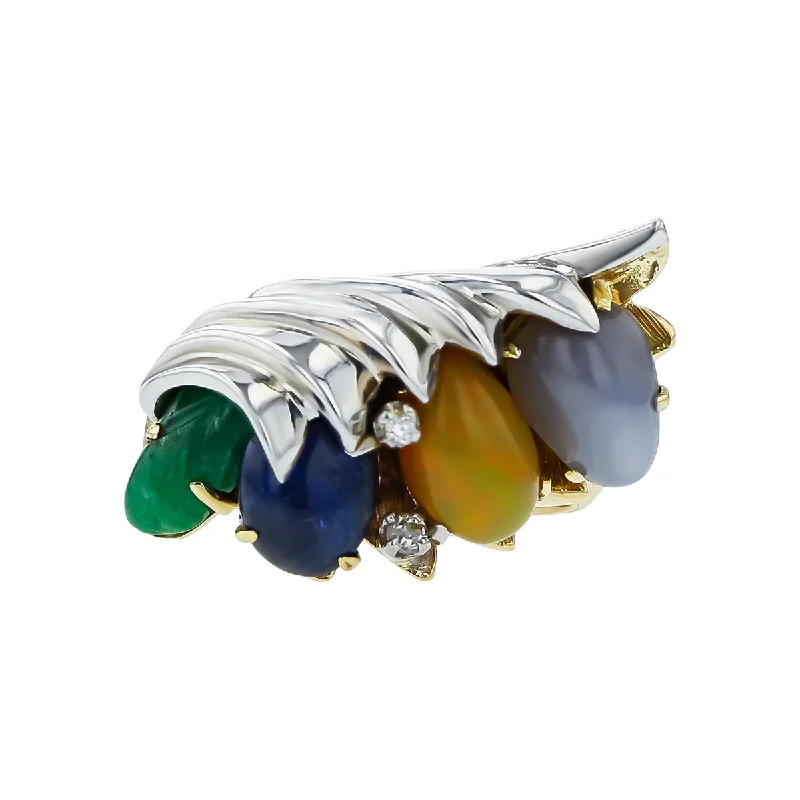 Mid-Century Sapphire, Emerald, Opal and Diamond Ring