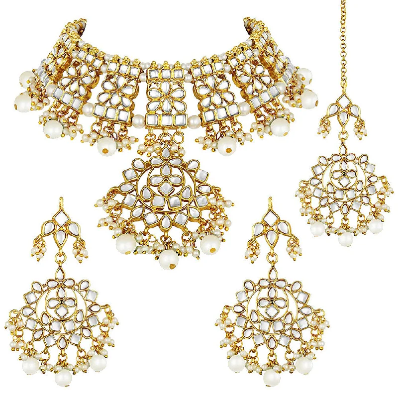 women’s layered gold necklace-Etnico 18K Gold Plated Traditional Handcrafted Kundan & Pearl Studded Choker Necklace Jewellery Set With Earrings & Maang Tikka For Women (K7057W)