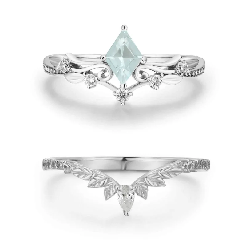 women’s gold wedding ring-Woodland and Victorian Lace Aquamarine© Ring Set