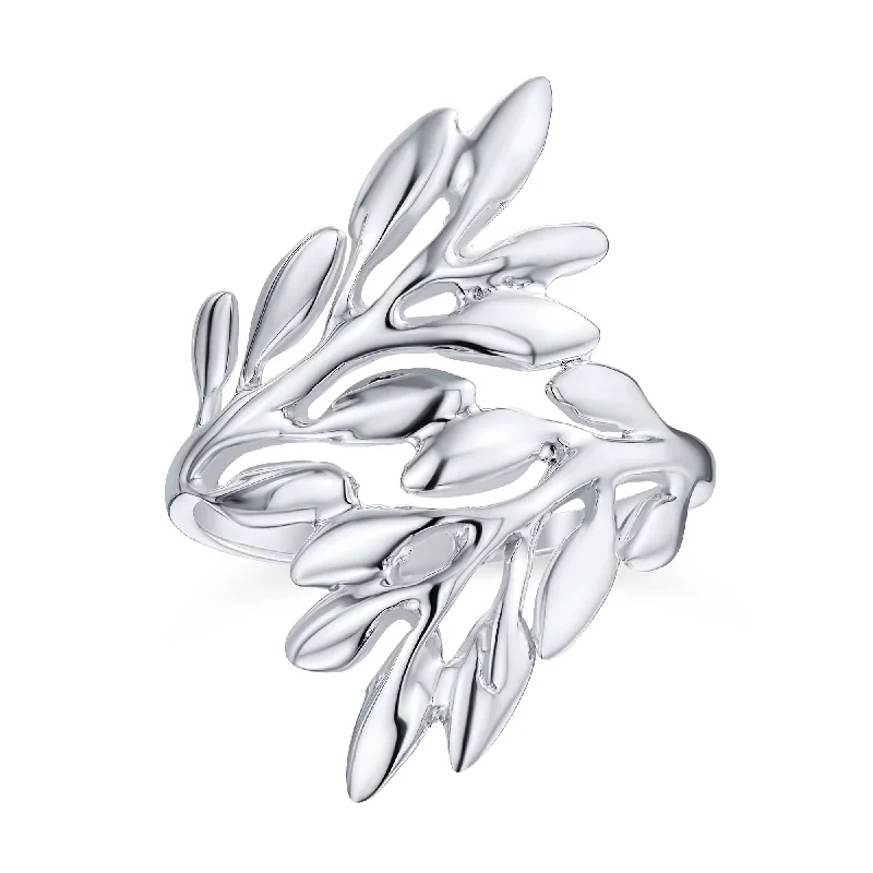 women’s adjustable band ring-Nature-Inspired Ivy Laurel Vine Leaf Bypass Sterling Silver Ring