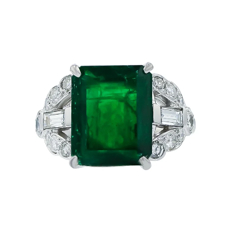 Mid-century Emerald-cut Emerald and Diamond Ring