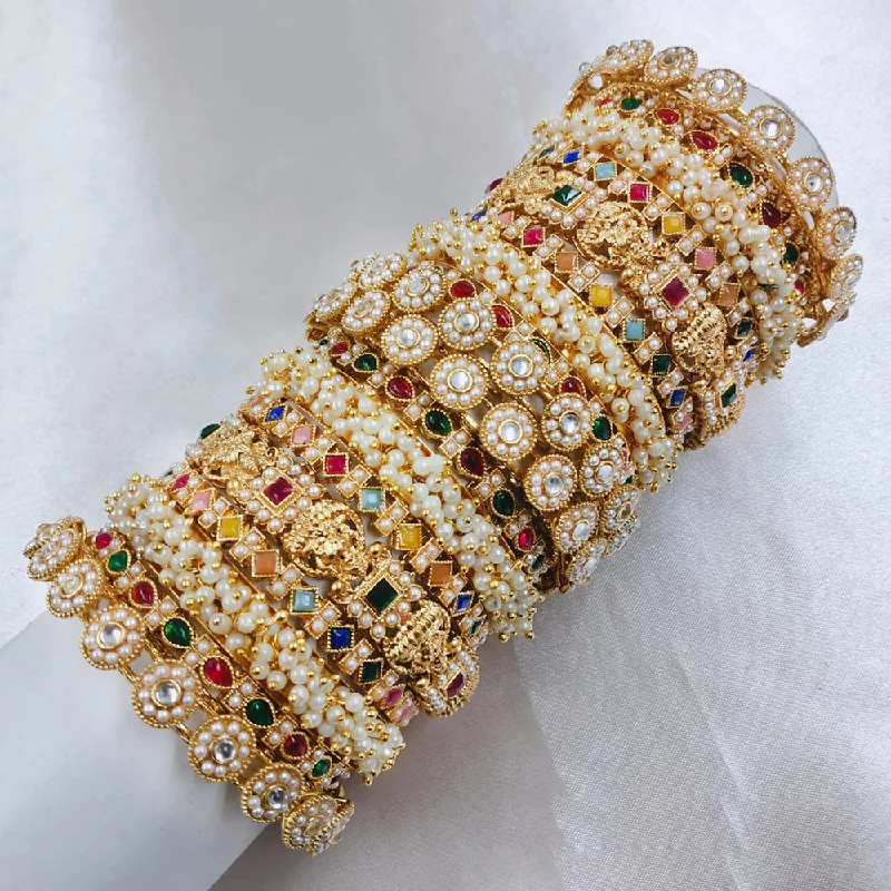 women’s halo engagement rings with diamonds-women’s luxury bangle-Pooja Bangles Gold Plated Pota Stone And Pearls  Bangle Set