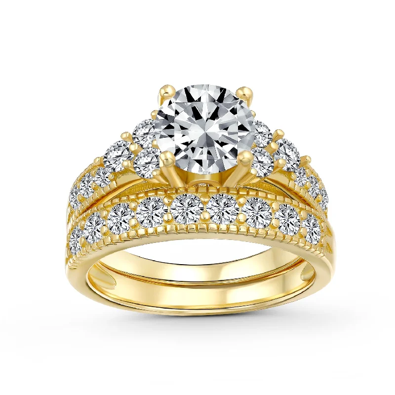 women’s men’s wedding ring-Cocktail Statement Ring: 3CT Round Solitaire with CZ Pave Wedding Band in 14K Gold