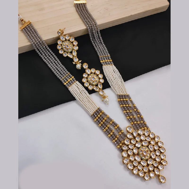 women’s gold-plated necklace-Lucentarts Jewellery Gold Plated Kundan Stone And Pearls Long Necklace Set