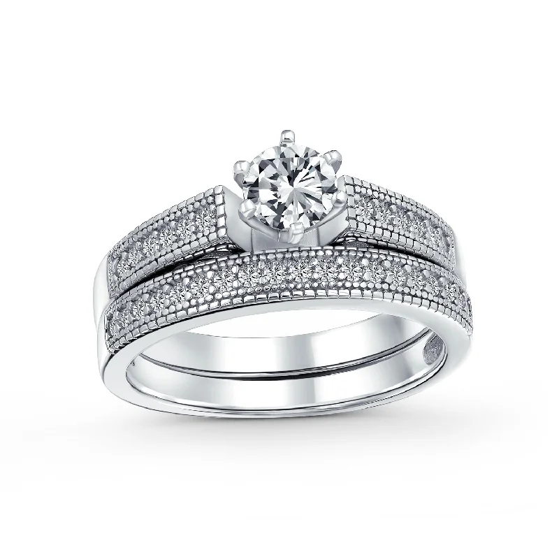 women’s chunky statement ring-Vintage Style Cocktail Statement Ring: 1.5CT Round Solitaire CZ Pave Band Set