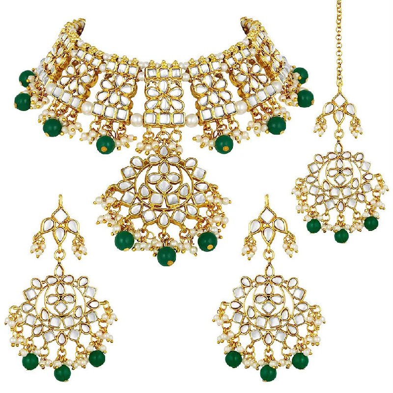 women’s engraved necklace-Etnico 18K Gold Plated Traditional Handcrafted Kundan & Pearl Studded Choker Necklace Jewellery Set With Earrings & Maang Tikka For Women (K7057G)