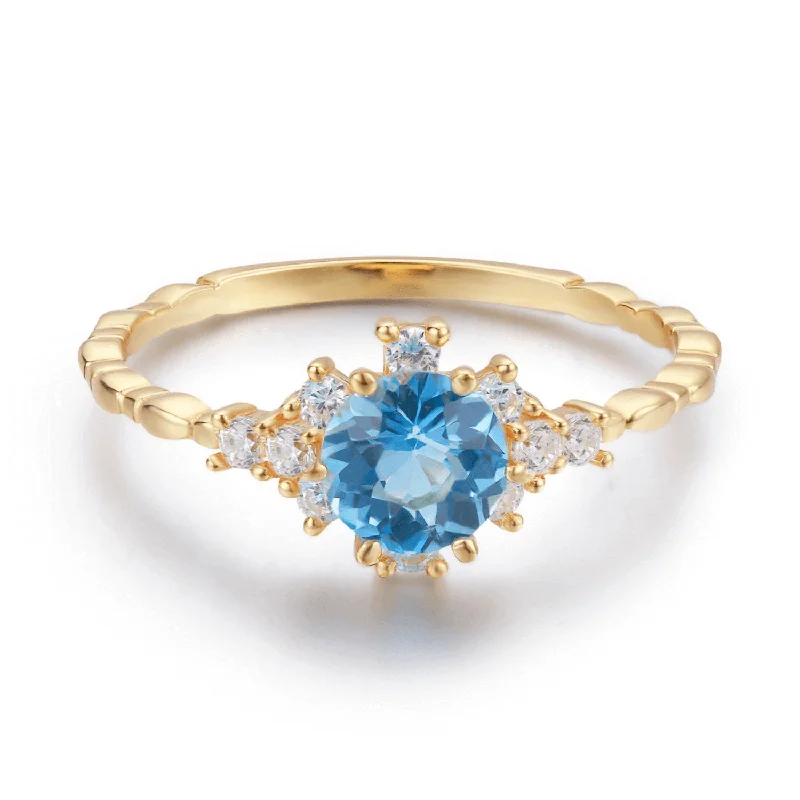 women’s black diamond ring-10K Yellow Gold - Clarity Blue Topaz Ring - Size 5