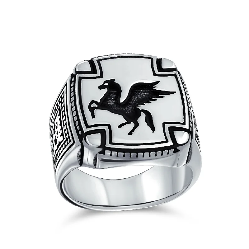 women’s boho ring-Mens Silver Ring: 2 Tone Greek Mythical Pegasus Signet Oxidized .925 Sterling Silver