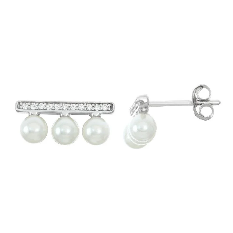 women’s stud earrings-Sterling Silver White CZ Bar with FWP Stud Earrings