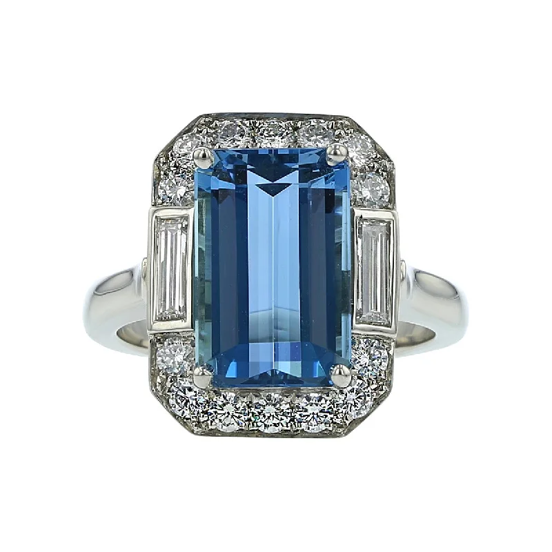 Emerald-Cut Aquamarine and Diamond Ring