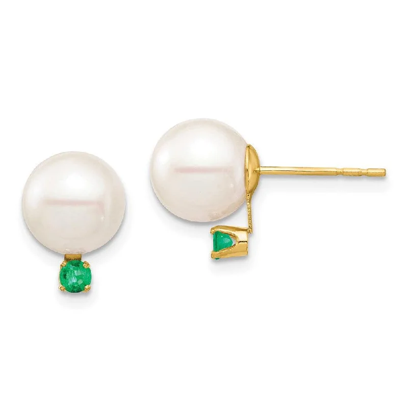 women’s cubic zirconia earrings-14K 8-8.5mm White Round Freshwater Cultured Pearl Emerald Post Earrings