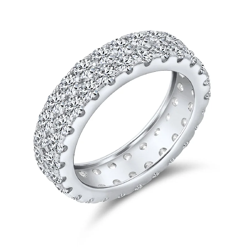 women’s gemstone solitaire ring-Classic Cocktail Statement Ring: Two Row Pave CZ Bridal Eternity Band Sterling Silver