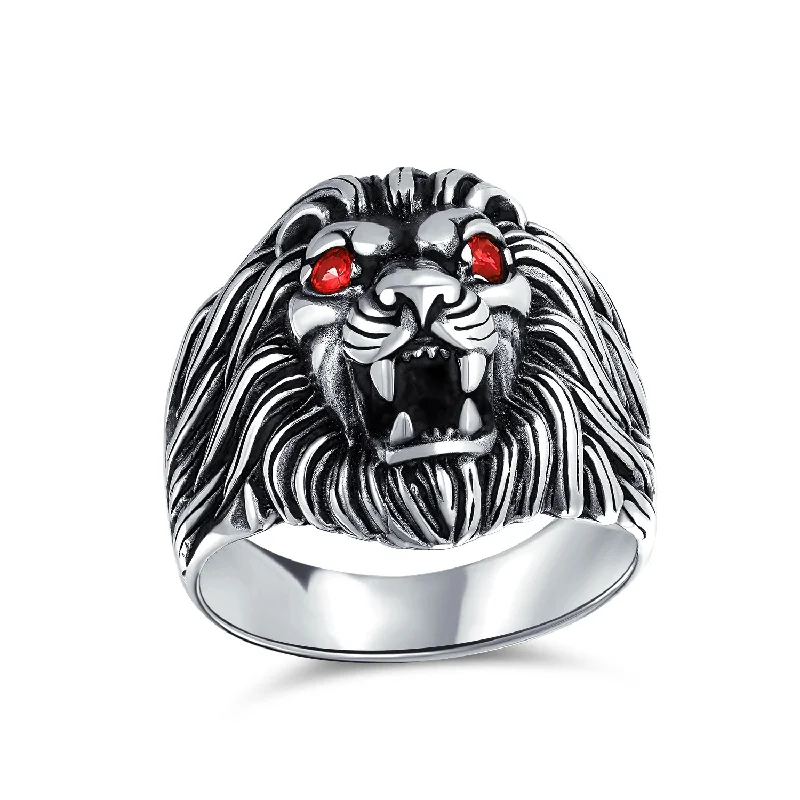 women’s engraved band ring-Mens Silver Ring with Red Ruby Eyes Lion Design Solid Oxidized .925 Sterling Silver