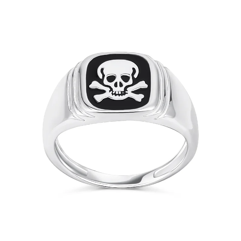 women’s purple gemstone ring-Mens Silver Ring with Black Onyx Gemstone and Skull Crossbones Design .925 Sterling Silver