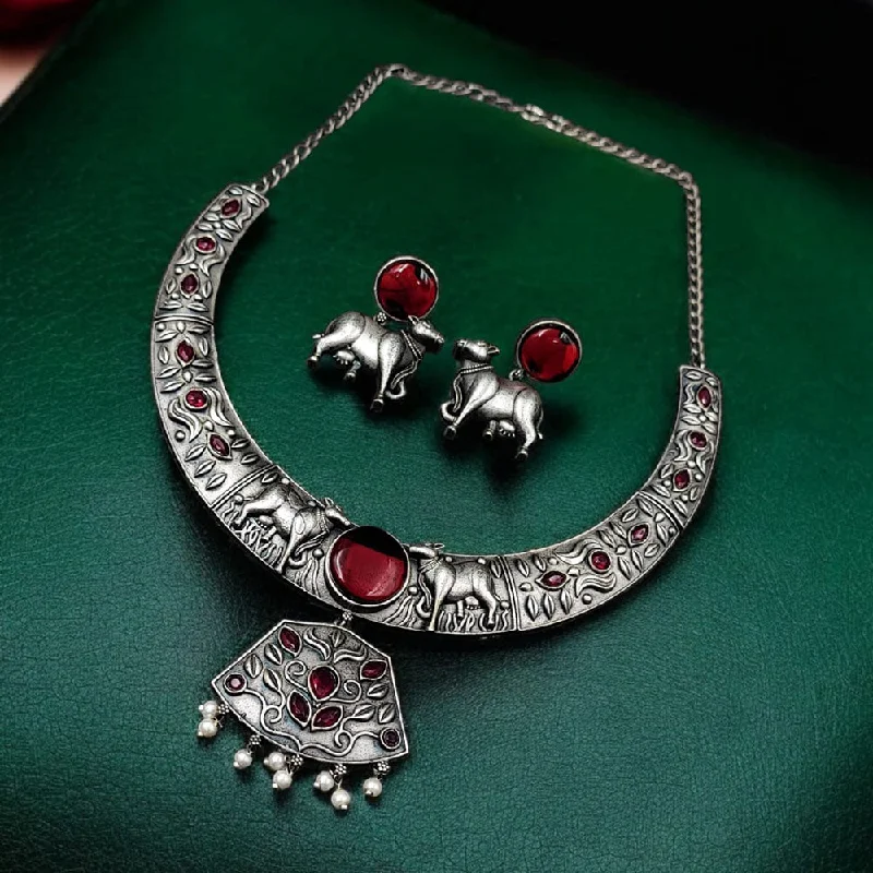 women’s delicate silver necklace-Maharani Jewels Oxidised Plated Pota Stone Necklace Set