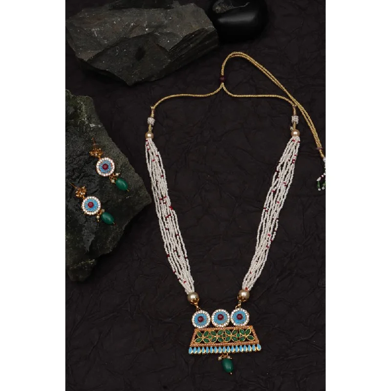 women’s choker necklace-Darshana Jewels Gold Plated Meenakari And Pota Srone  Long Necklace Set