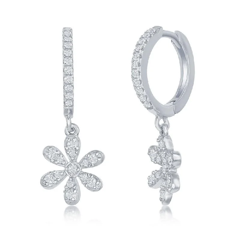 women’s rhinestone hoop earrings-Sterling Silver Small Huggie Hoop Flower Earrings