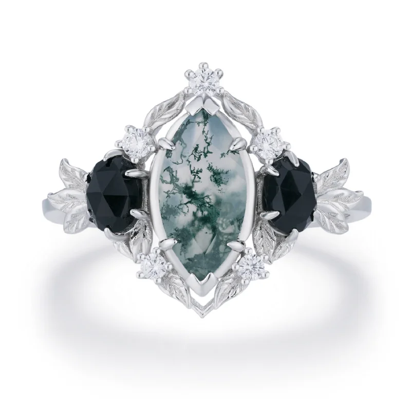 women’s emerald ring-Noctis Moss Agate Black Onyx Ring©