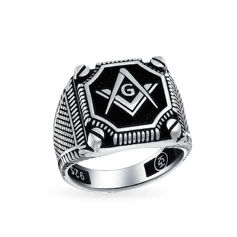 women’s cocktail gemstone ring-Mens Silver Ring with Tri Tone Black Inlay Compass Freemason Masonic Signet Design