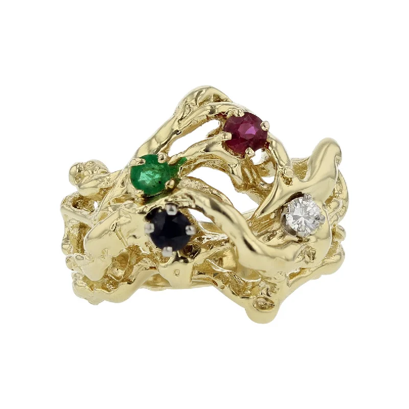 14K Emerald, Sapphire, Ruby, and Diamond Ring