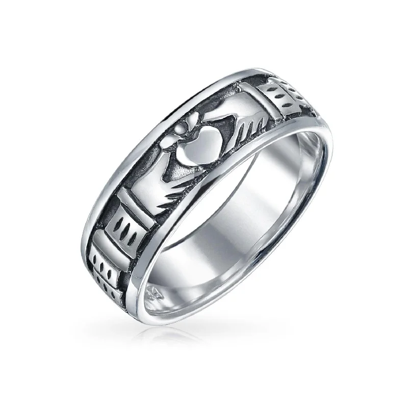 women’s geometric gemstone ring-Unisex Celtic Claddagh Wedding Band Silver Ring for Couples Oxidized Sterling