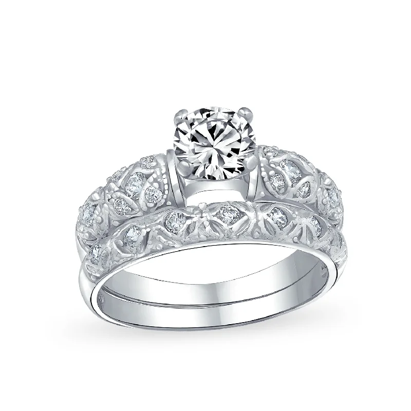 women’s stylish ring-Vintage Style Cocktail Statement Ring: 1CT Round Solitaire Filigree CZ Sterling Silver