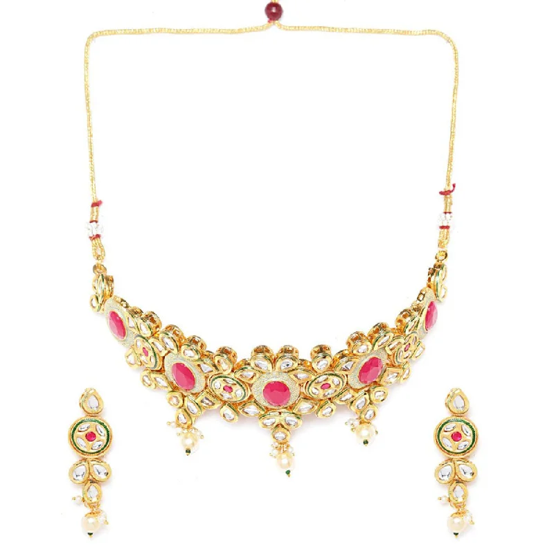 women’s boho necklace-Rasmm Creations Gold Plated Mint Meena And Kundan With Ruby Pota Necklace Set