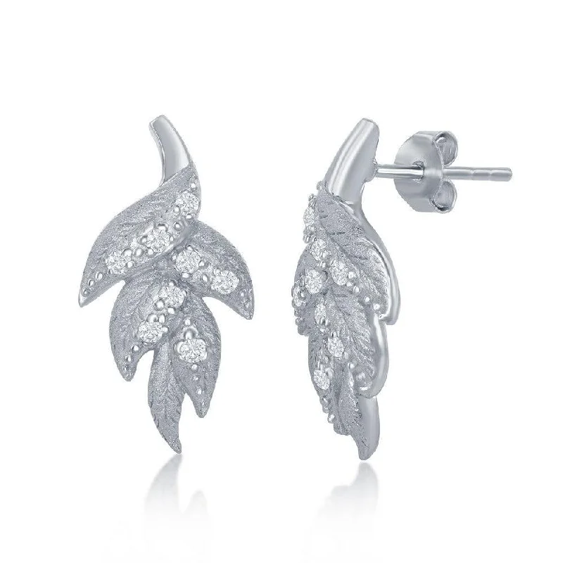 women’s classy stud earrings-Sterling Silver Leaf Diamond Sanded Stud Earrings