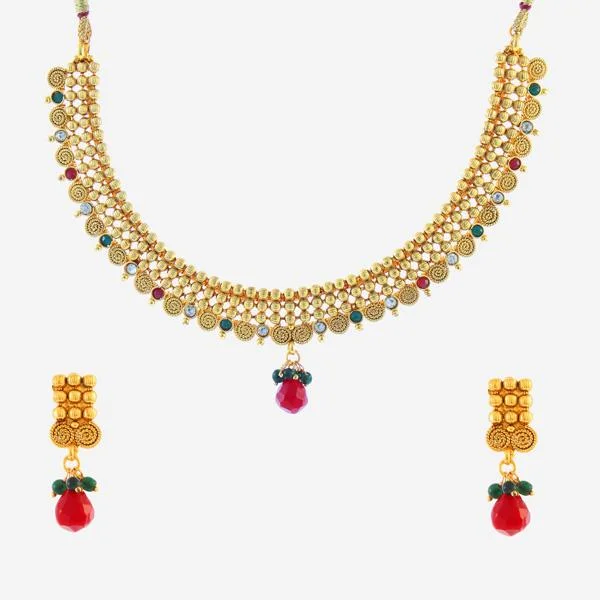 women’s dainty gold necklace-Utkrishtt Red Austrian Stone Gold Plated Necklace Set - 1104503