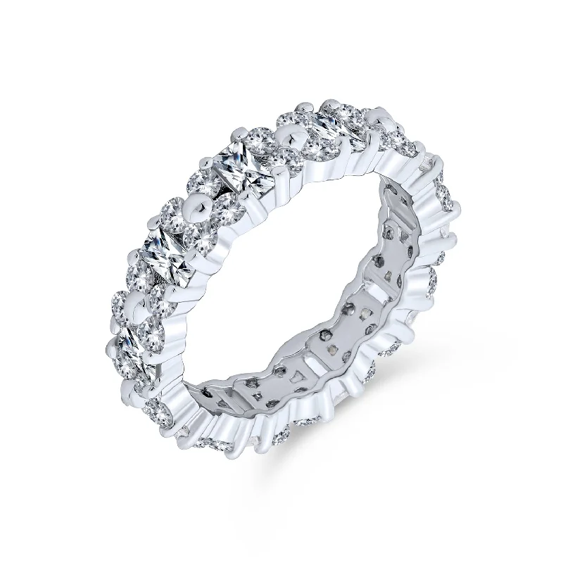 women’s personalized ring-Timeless CZ Cocktail Statement Ring: Round & Baguette Flower Eternity Band Silver