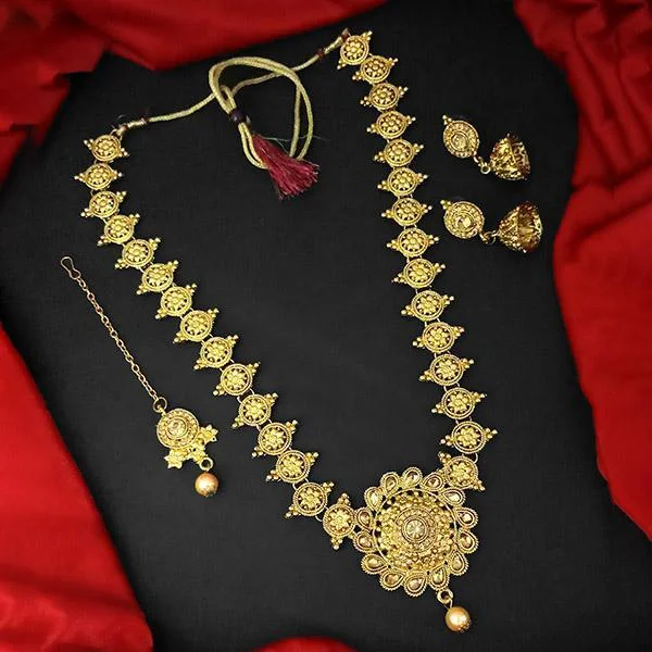 women’s name necklace-Kriaa Gold Plated Brown Austrian Stone And Kundan Haram Necklace Set With Maang Tikka  - 1109874