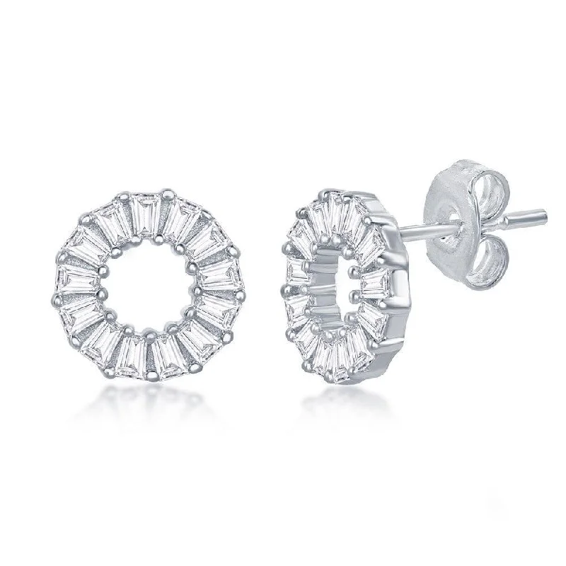 women’s gemstone earrings-Sterling Silver Baguette CZ Circle Stud Earrings