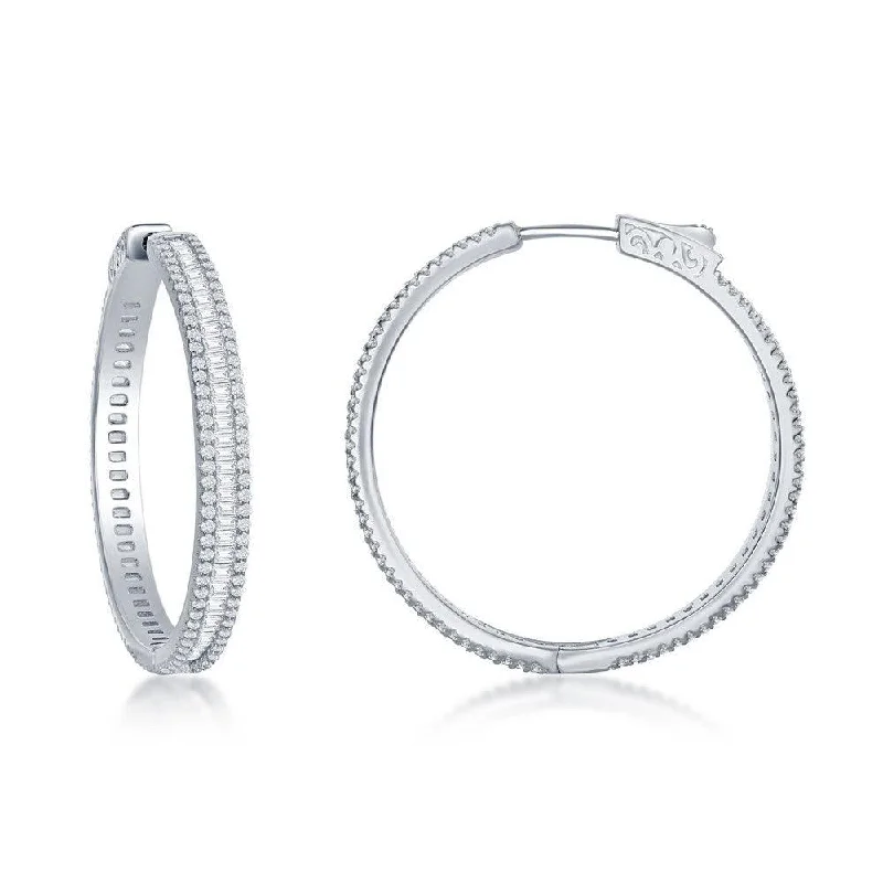 women’s silver earrings-Sterling Silver Baguette CZ 35mm Hoop Earrings