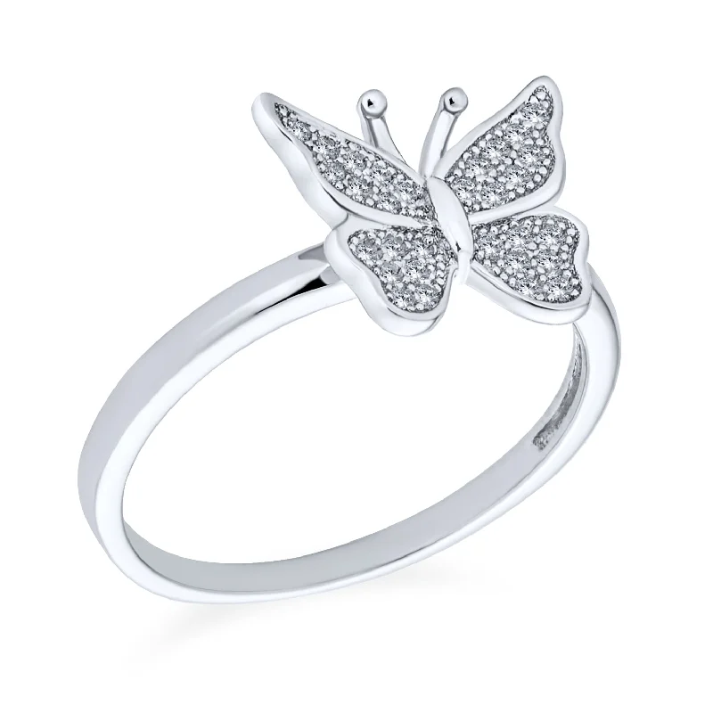 women’s gold wedding ring-Garden Insect Cocktail Statement Ring: Sterling Silver Butterfly with CZ Pavé