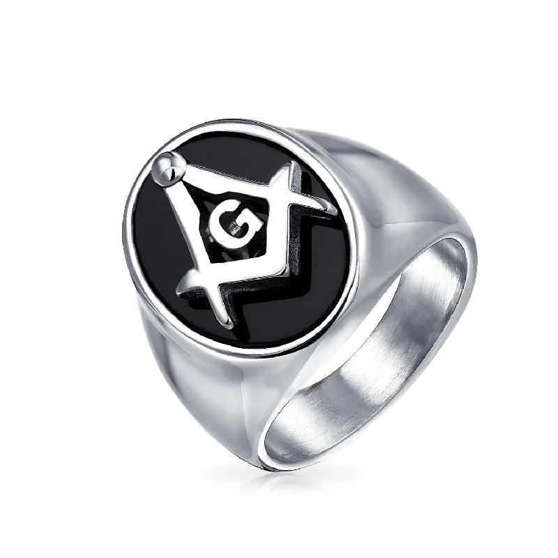 women’s trendy ring-Secret Society Mens Stainless Steel Black Oval Masonic Signet Ring Silver Tone