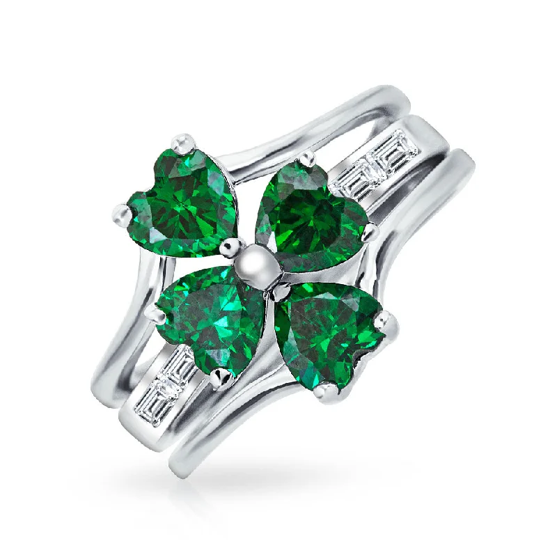 women’s promise ring-St Patrick's Shamrock Cocktail Statement Ring with Green CZ & Clover Inset Sterling Silver