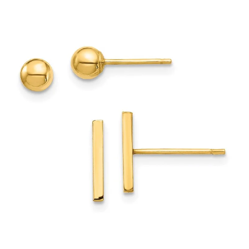 women’s crystal stud earrings-14K Bar and Ball Post Earrings Set