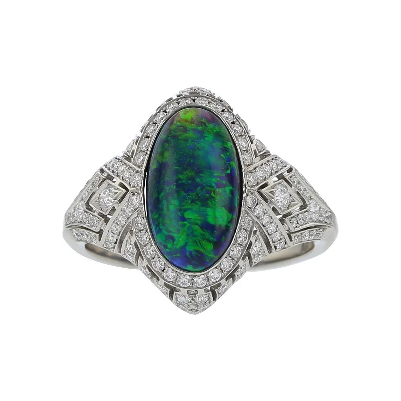 Platinum Cabochon Black Opal and Diamond Ring