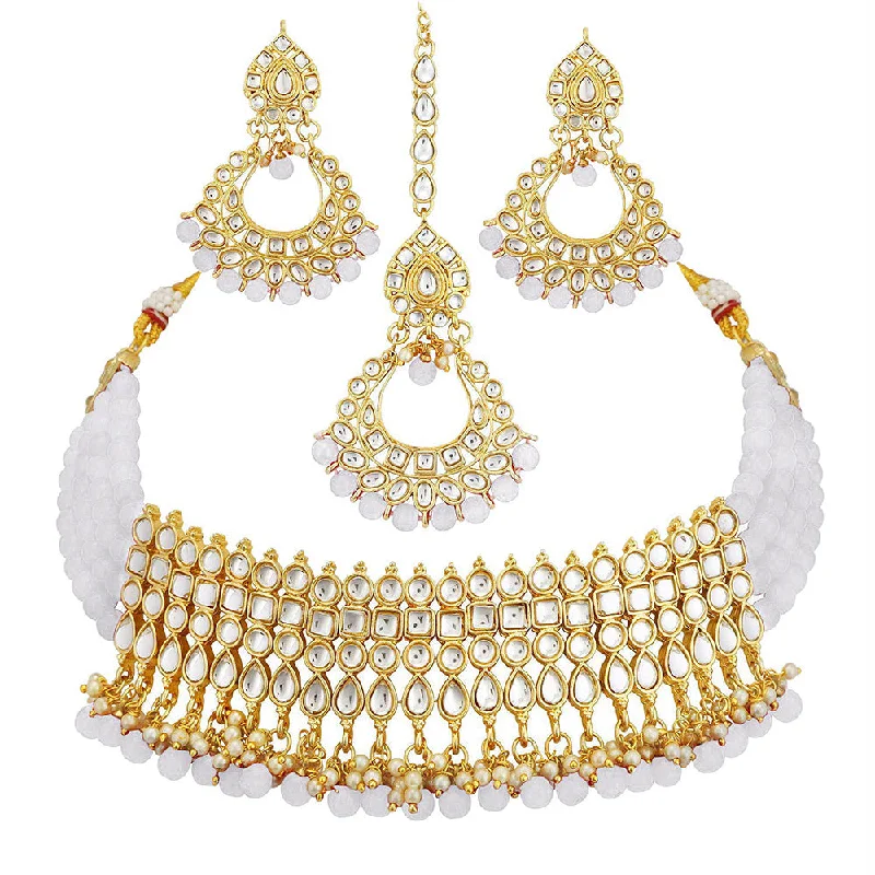 women’s dainty gold necklace-Etnico 18K Gold-Plated Studded Kundan & Pearl Studded Choker Necklace Jewellery Set for Women Kundan & Girls (K7083W)