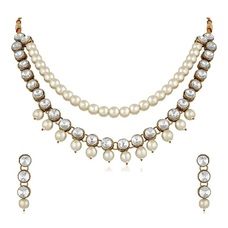 women’s designer necklace-Mahi Traditional Jewellery Kundan and Artificial Pearl Layered Necklace Set with Earrings for Women (VNCJ100251WHT)