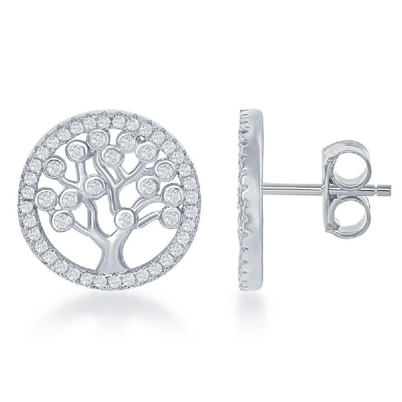 women’s luxury hoop earrings-Sterling Silver CZ Round Tree Earrings