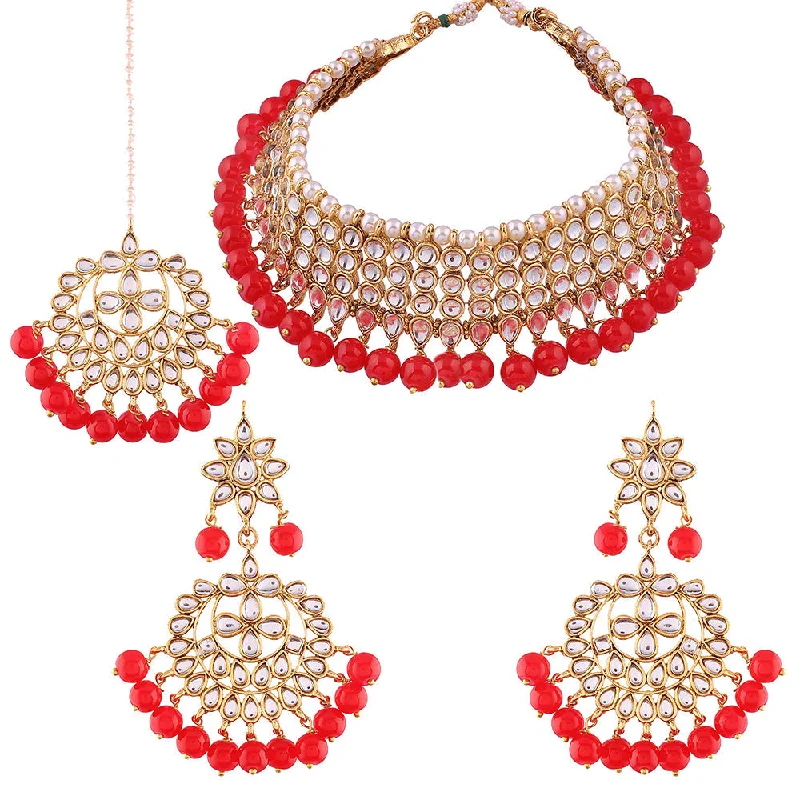 women’s white gold necklace-Etnico 18K Gold Plated Traditional Handcrafted Kundan & Pearl Studded Choker Necklace Jewellery Set with Earrings & Maang Tikka (K7075R)