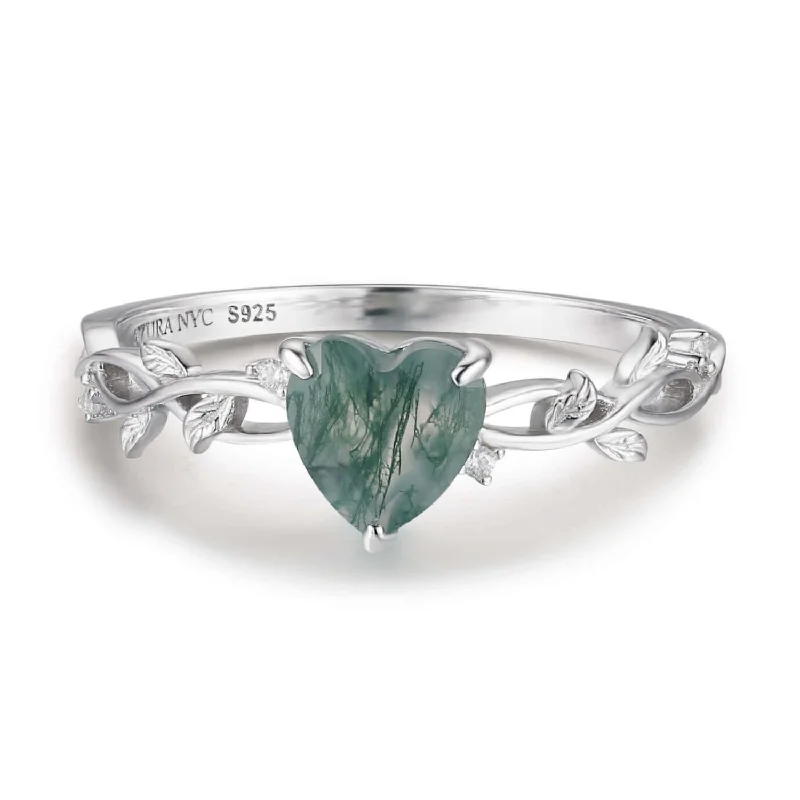 women’s gemstone solitaire ring-Everlasting Heart Moss Agate Ring©