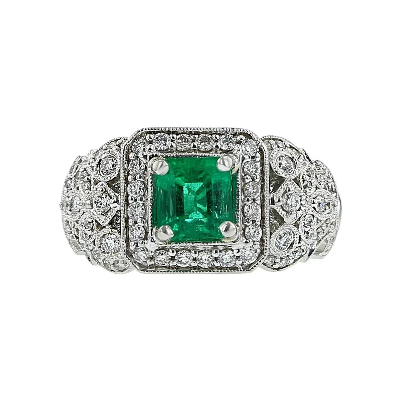 18K White Gold Square-Cut Emerald Diamond Ring