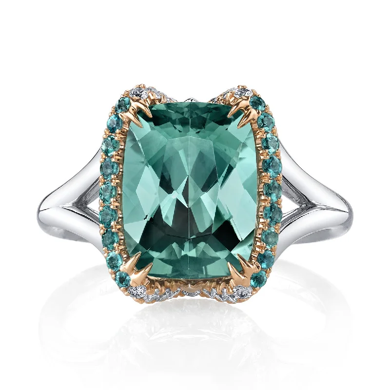 Blue-Green Tourmaline, Alexandrite and Diamond Ring