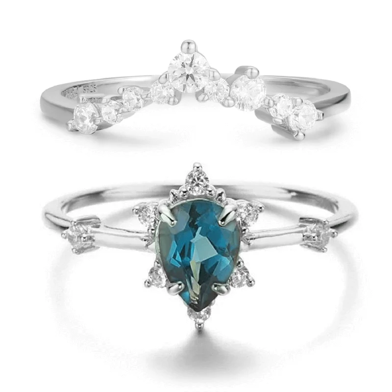 women’s men’s wedding ring-Gaia Blue Topaz Ring & Twinkle Band Ring Set